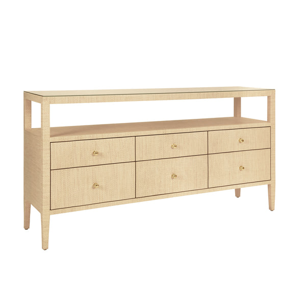 SIX DRAWER CONSOLE WITH OPEN SHELF IN NATURAL GRASSCLOTH WITH POLISHED BRASS KNOBS