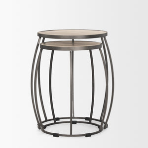 Clapp Round Light Brown W/ White Wash Wood and Silver Metal Nesting Accent Tables (Set of 2)