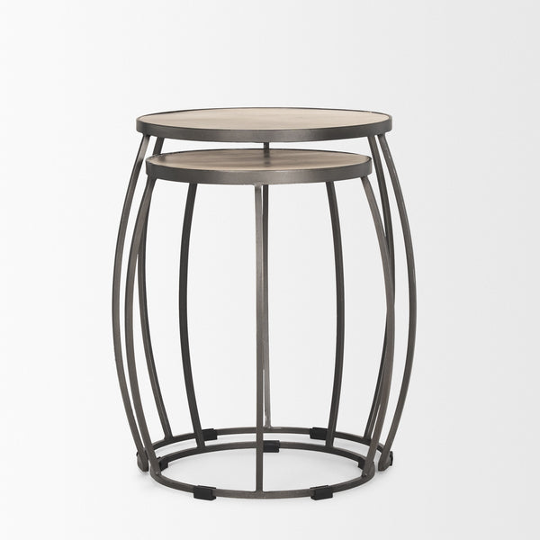 Clapp Round Light Brown W/ White Wash Wood and Silver Metal Nesting Accent Tables (Set of 2)