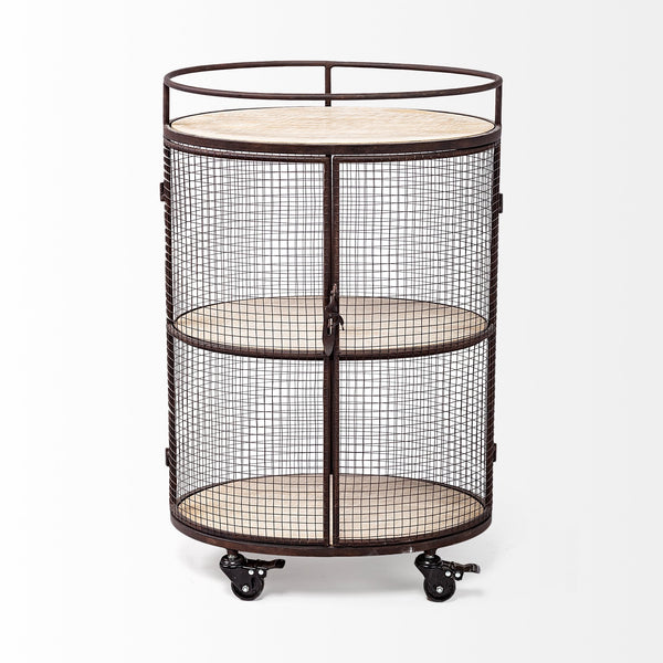 Saluti II Black Metal Frame cage w/three wood shelves oval Bar Cart