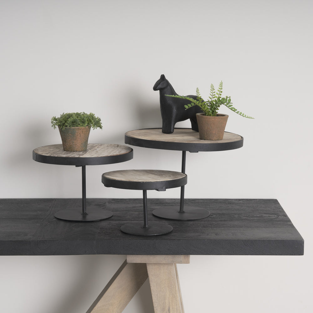 Lorenz (Set of 3) Light Brown Wood W/ Black Metal Base Round Decorative Display Stands