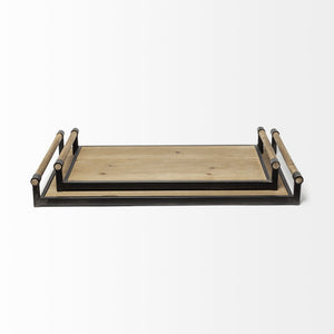 Benson Set of 2 Brown Wood Black Metal Trays