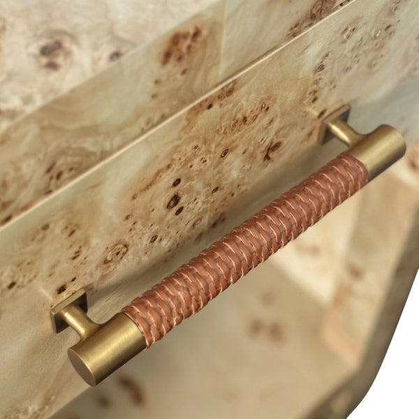 ONE DRAWER SIDE TABLE WITH RATTAN WRAPPED HANDLE IN BURL WOOD