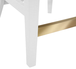 CURVED COUNTER STOOL WITH SATIN BRASS RING HARDWARE ON BACK IN PERFORMANCE WHITE LINEN UPHOLSTERY AND TEXTURED WHITE LINEN FRAME
