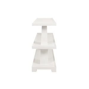THREE TIER TWO COLUMN CONSOLE IN TEXTURED WHITE LINEN