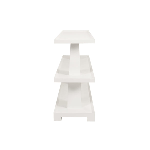 THREE TIER TWO COLUMN CONSOLE IN TEXTURED WHITE LINEN
