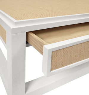 TWO HIDDEN DRAWER COFFEE TABLE WITH MATTE WHITE LACQUER FRAME AND INSET NATURAL GRASSCLOTH