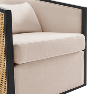 Marilyn Linen Swivel Accent Arm Chair w/ Rattan Black Frame, Shortbread/Natural