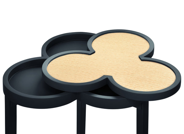 CLOVER CIGAR TABLE WITH REVERSIBLE LACQUER AND NATURAL GRASSCLOTH TOP IN MATTE NAVY LACQUER