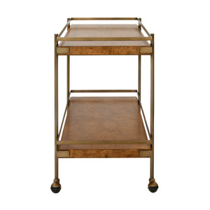 ANTIQUE BRASS BAR CART WITH SHELVES IN DARK BURL WOOD