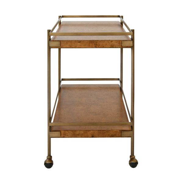 ANTIQUE BRASS BAR CART WITH SHELVES IN DARK BURL WOOD