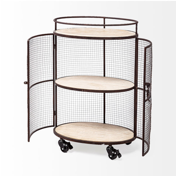 Saluti II Black Metal Frame cage w/three wood shelves oval Bar Cart