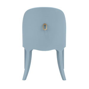 CURVED DINING CHAIR WITH SATIN BRASS RING HARDWARE ON BACK IN PERFORMANCE WHITE LINEN UPHOLSTERY AND TEXTURED LIGHT BLUE LINEN FRAME