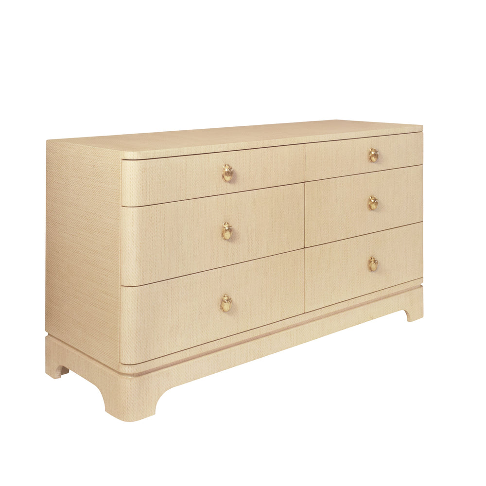 SIX DRAWER ROUNDED EDGE CHEST WITH BRASS BEETLE KNOB IN NATURAL GRASSCLOTH