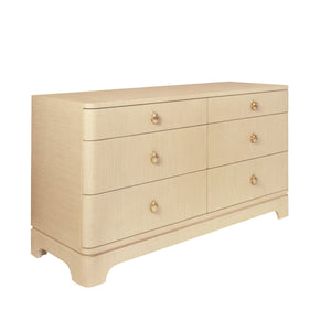 SIX DRAWER ROUNDED EDGE CHEST WITH BRASS BEETLE KNOB IN NATURAL GRASSCLOTH