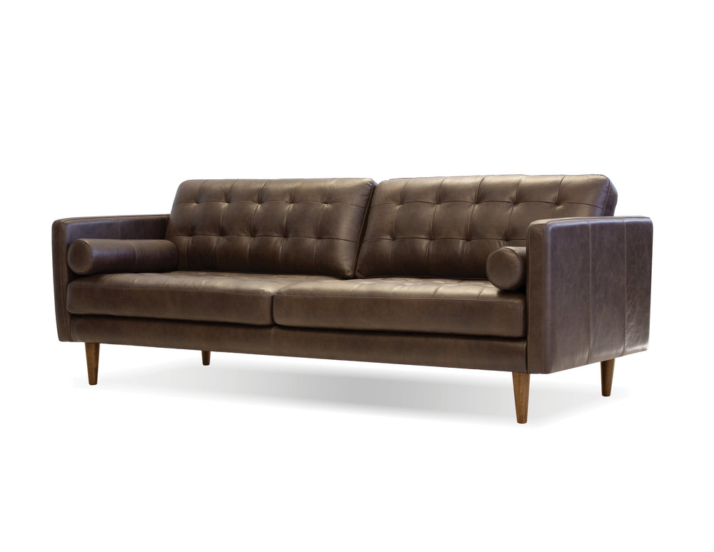 Baldwin sofa in vintage chocolate with wood legs and teak oak stain