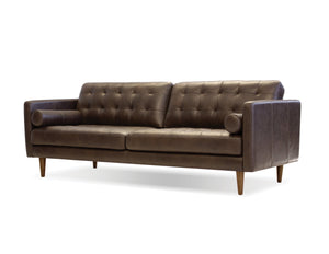 Baldwin sofa in vintage chocolate with wood legs and teak oak stain
