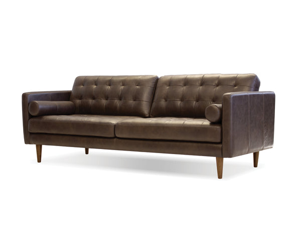 Baldwin sofa in vintage chocolate with wood legs and teak oak stain