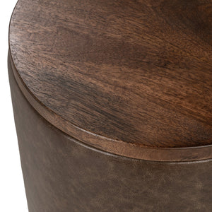 Andra Leather Round Accent Table in Cocoa Brown
