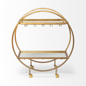 Carola Gold Frame Two-Tier Glass Shelves w/Stemware Holder Bar Cart