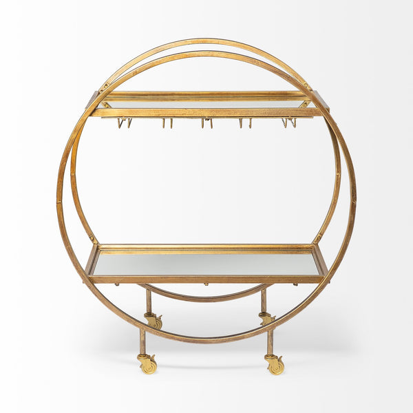Carola Gold Frame Two-Tier Glass Shelves w/Stemware Holder Bar Cart