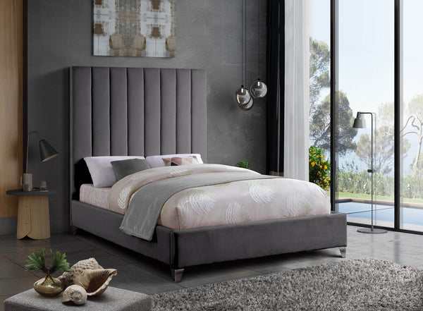 Glenda King Bed In Grey Velvet