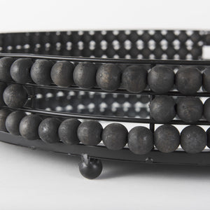 Decatur II 21L x 21W Black Wooden Bead Mirrored Bottom Round Tray