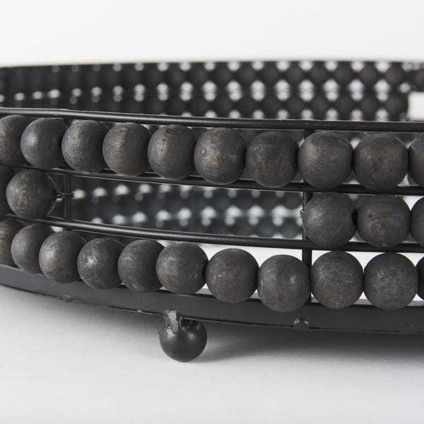 Decatur II 21L x 21W Black Wooden Bead Mirrored Bottom Round Tray