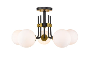Parsons 5 Light Semi Flush Mount in Matte Black + Olde Brass Finish