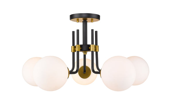 Parsons 5 Light Semi Flush Mount in Matte Black + Olde Brass Finish