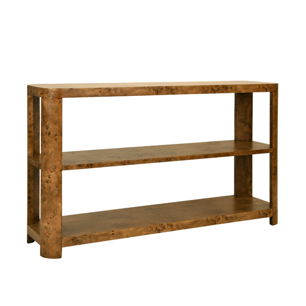 TIER TIER CONSOLE WITH CURVED CORNERS IN DARK BURL WOOD