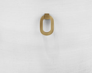 CURVED DINING CHAIR WITH SATIN BRASS RING HARDWARE ON BACK IN PERFORMANCE WHITE LINEN UPHOLSTERY AND TEXTURED WHITE LINEN FRAME