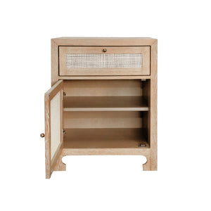 ONE DOOR CABINET WITH CANE DOOR FRONT IN CERUSED OAK