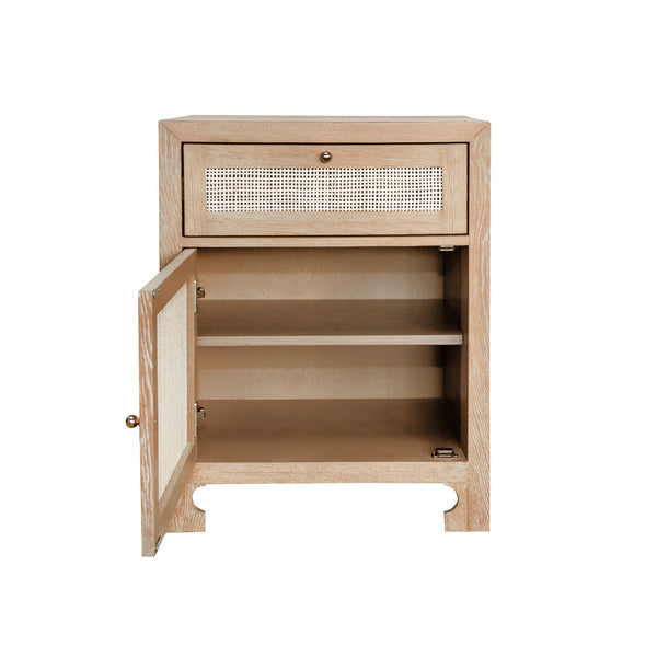ONE DOOR CABINET WITH CANE DOOR FRONT IN CERUSED OAK