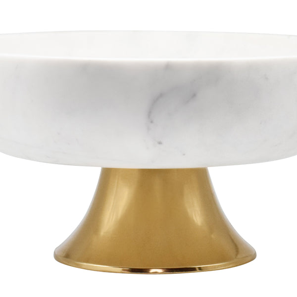WHITE MARBLE BOWL WITH BRASS TAPERED PEDESTAL BASE