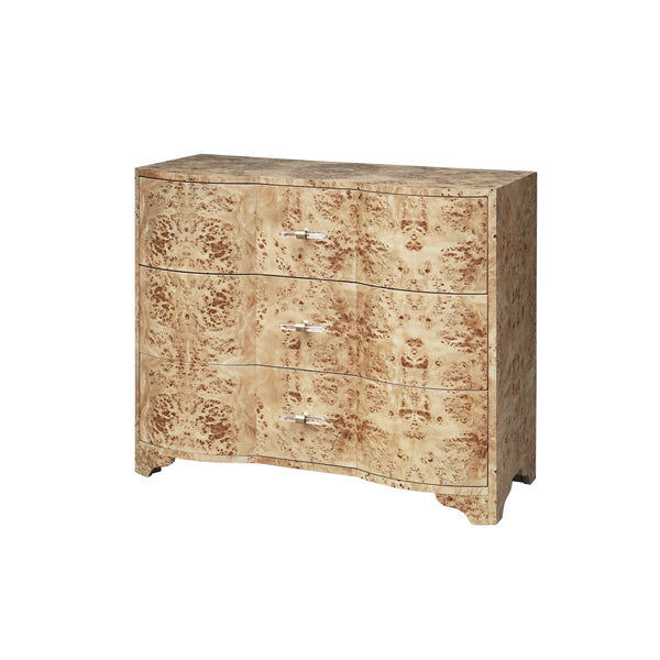 THREE DRAWER CHEST IN BURL WOOD WITH ACRYLIC HARDWARE