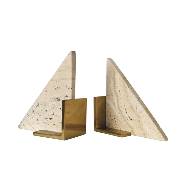 TRIANGLE SHAPED TRAVERTINE MARBLE BOOKEND WITH BRASS BASE