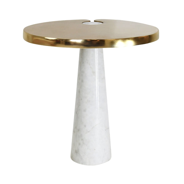 OVAL SIDE TABLE WITH BRASS TOP AND WHITE MARBLE PEDESTAL BASE
