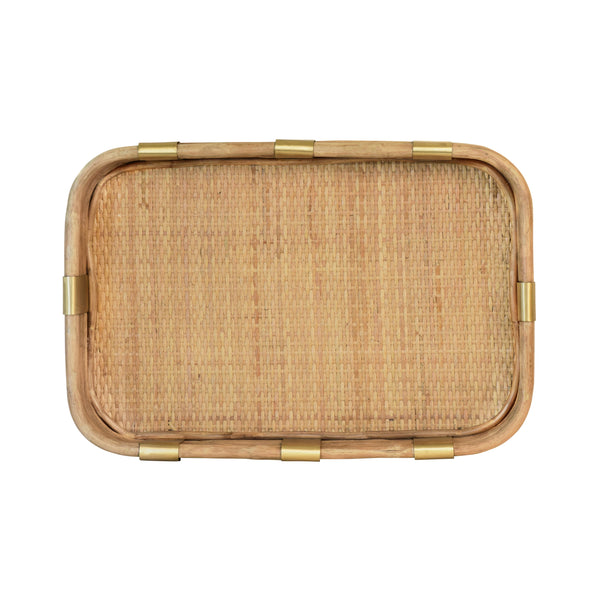 RECTANGULAR NATURAL RATTAN TRAY WITH BRASS RIM AND ROUNDED CORNERS