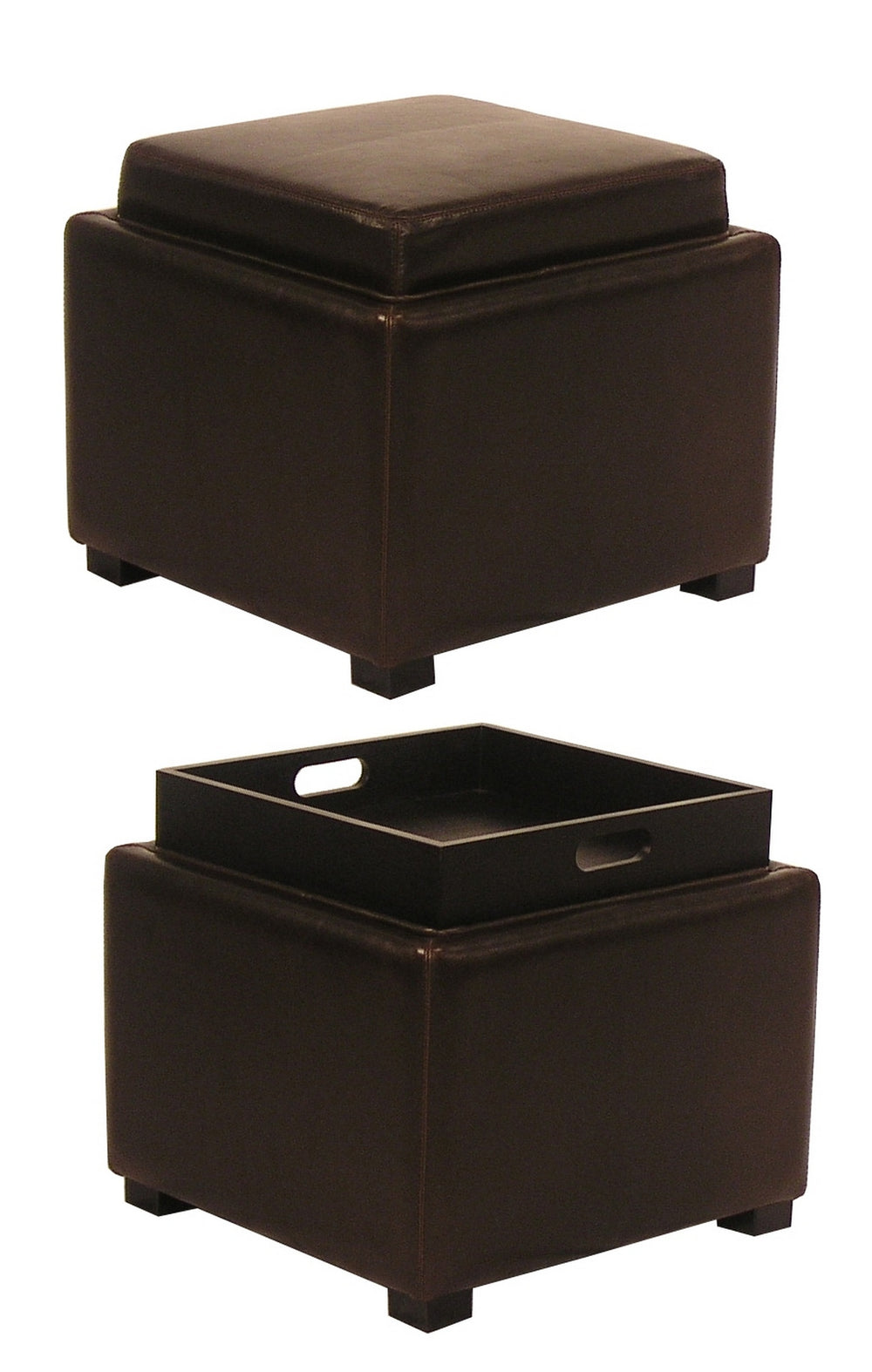 Cameron Square Leather Storage Ottoman w/ tray In Brown