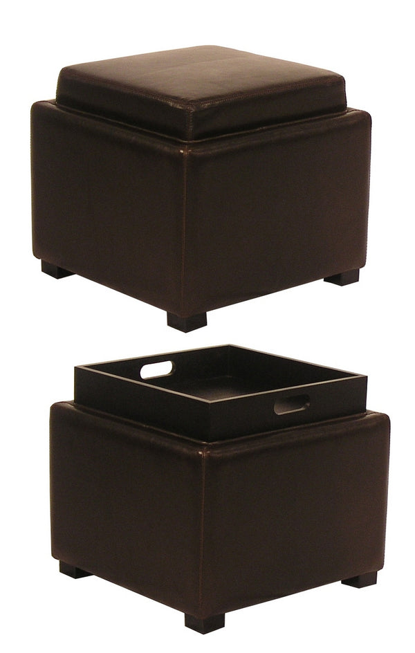 Cameron Square Leather Storage Ottoman w/ tray In Brown