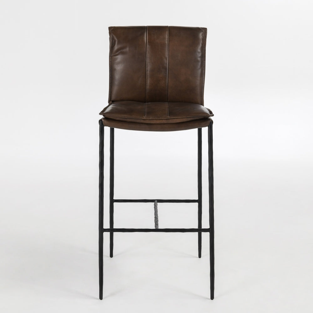 Mayer Leather Bar Stool with Hammered Iron Legs