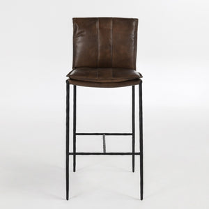 Mayer Leather Bar Stool with Hammered Iron Legs