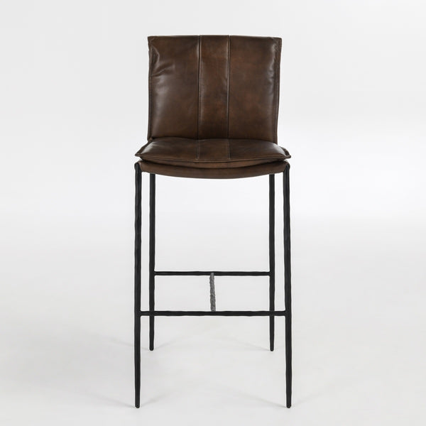 Mayer Leather Bar Stool with Hammered Iron Legs