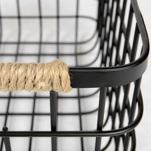 Marius 20.9L x 15.2W x 12.2 Set of Two Matte Black Metal W/ Rope Trim Rectangular Baskets