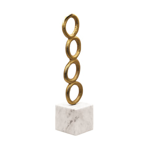 STACKED CIRCLE SHAPED TEXTURED BRASS SCULPTURE WITH WHITE MARBLE BASE