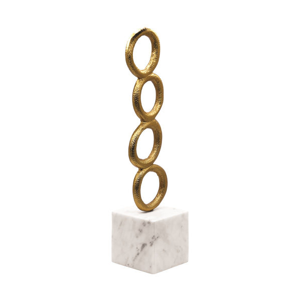 STACKED CIRCLE SHAPED TEXTURED BRASS SCULPTURE WITH WHITE MARBLE BASE