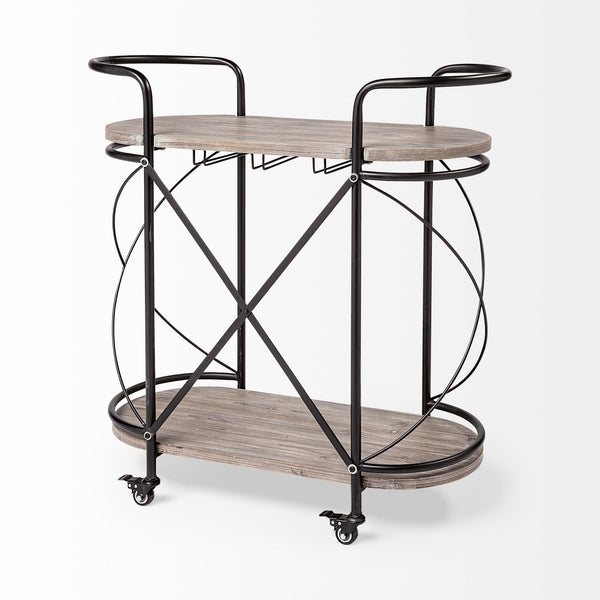 Marlon Black Metal Frame Two Tier Shelves w/Stemware holder Bar Cart