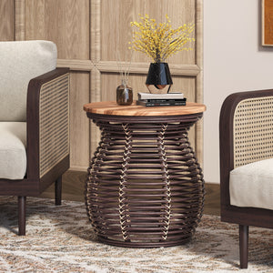 Quito Rattan Side/ End Table w/ Wood Top, Paloma Brown