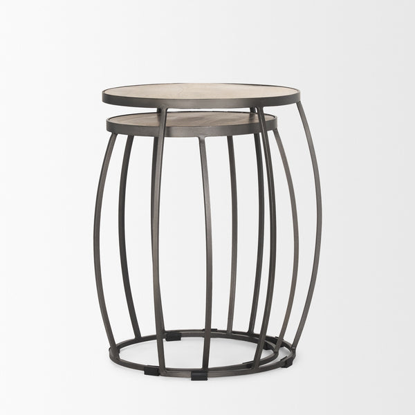 Clapp Round Light Brown W/ White Wash Wood and Silver Metal Nesting Accent Tables (Set of 2)